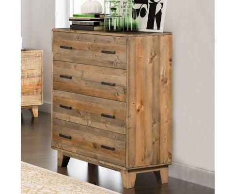 WOODVINCE SCANDINAVIAN  SOLID TIMBER TALLBOY CHEST  - 4 DRAWERS - (MODEL: 23-15-15-4-19-20-25-12-5) - 1200(H) X 980(W) -LIGHT BROWN
