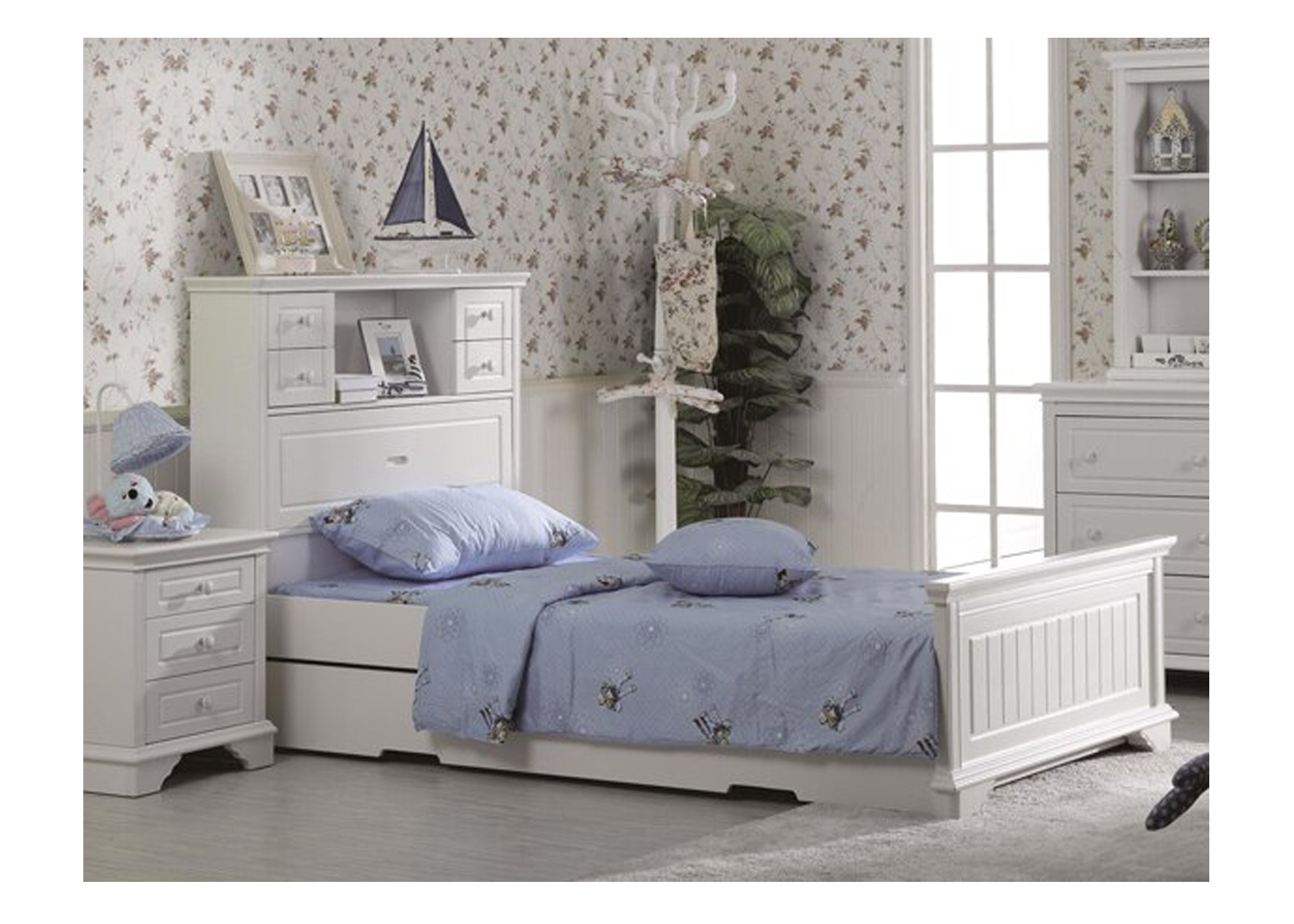 KING SINGLE ISABELLA (LS-023) BED (MODEL 4-1-22-9-14-3-9) WITH MATCHING KING SINGLE TRUNDLE - IVORY WHITE
