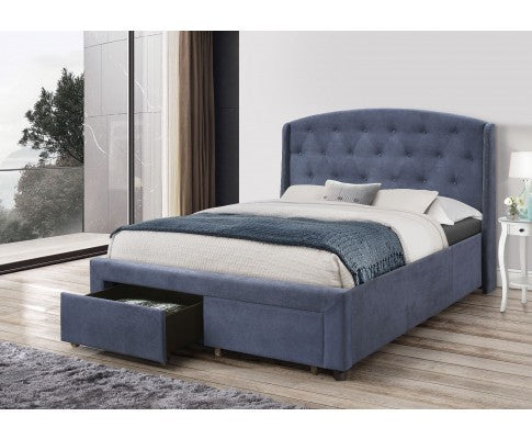 QUEEN WILMER FABRIC UPHOLSTERED BED FRAME WITH 2 STORAGE  FOOTEND DRAWERS - NAVY BLUE
