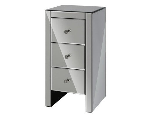 AVANT 3 DRAWER SKINNY MIRRORED BEDSIDE TABLE - SILVER CLEAR OR SMOKEY GREY