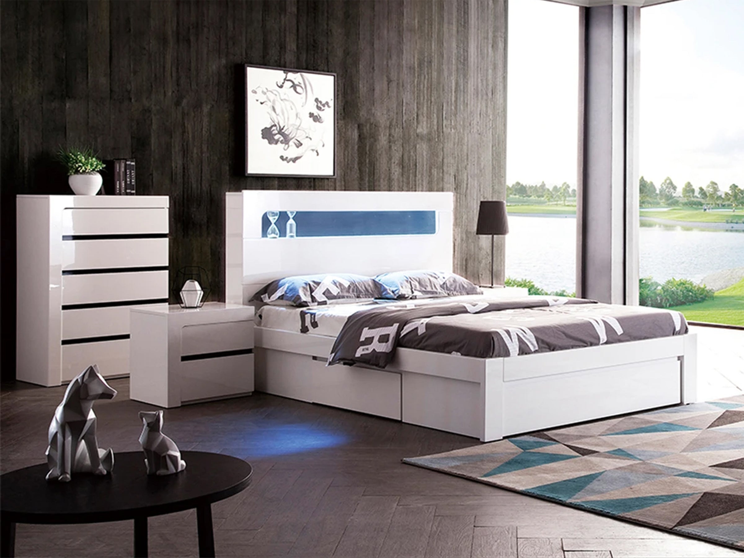 KING BEXLEY BED WITH LED LIGHT & STORAGE OPTIONS (LS 708 K) - GLOSS WHITE / CHARCOAL