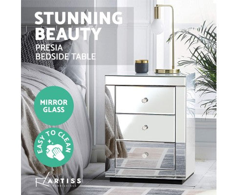 DEVIONA  3  DRAWER MIRRORED BEDSIDE TABLE - SILVER