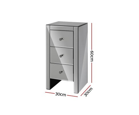 AVANT 3 DRAWER SKINNY MIRRORED BEDSIDE TABLE - SILVER CLEAR OR SMOKEY GREY