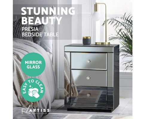 DEVIONA  3  DRAWER MIRRORED BEDSIDE TABLE - GREY