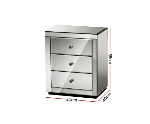 DEVIONA  3  DRAWER MIRRORED BEDSIDE TABLE - GREY