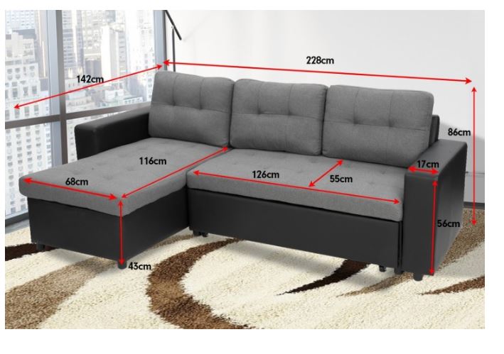 YORK  FABRIC & LEATHERETTE SOFA LOUNGE WITH CHAISE(RF) - SEPARABLE OTTOMAN - BLACK + GREY