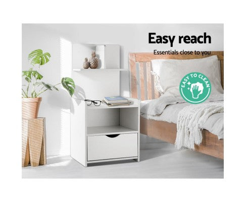 NUMEL  BEDSIDE TABLE WITH DRAWER AND DISPLAY SHELF - WHITE