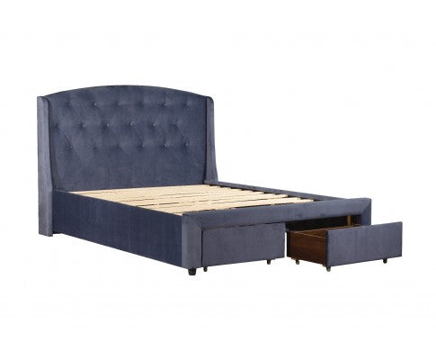 QUEEN WILMER FABRIC UPHOLSTERED BED FRAME WITH 2 STORAGE  FOOTEND DRAWERS - NAVY BLUE