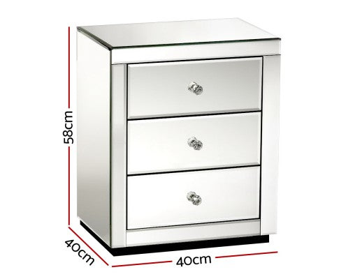 DEVIONA  3  DRAWER MIRRORED BEDSIDE TABLE - SILVER
