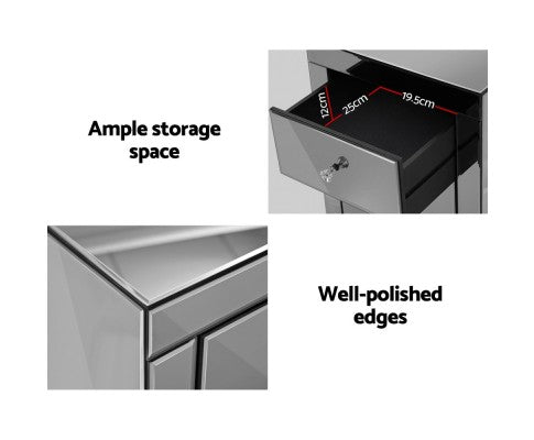 AVANT 3 DRAWER SKINNY MIRRORED BEDSIDE TABLE - SILVER CLEAR OR SMOKEY GREY