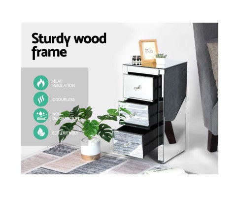AVANT 3  DRAWER MIRRORED BEDSIDE TABLE - SILVER
