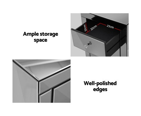 DEVIONA  3  DRAWER MIRRORED BEDSIDE TABLE - GREY