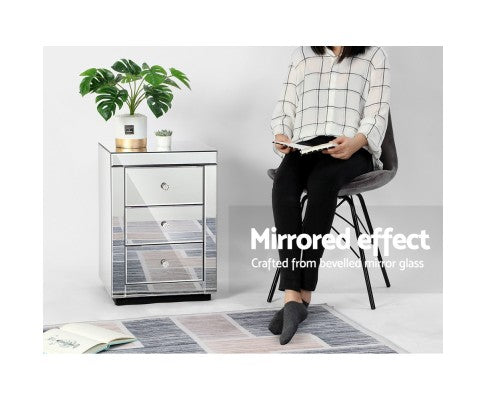 DEVIONA  3  DRAWER MIRRORED BEDSIDE TABLE - SILVER