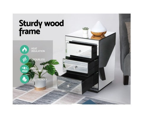 DEVIONA  3  DRAWER MIRRORED BEDSIDE TABLE - SILVER