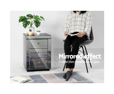 DEVIONA  3  DRAWER MIRRORED BEDSIDE TABLE - GREY