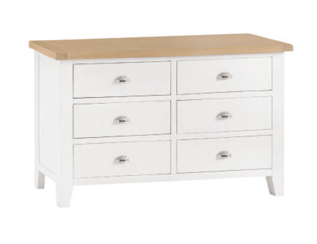SPENCER (TT-6DC-W) 6 DRAWER LOWBOY CHEST - 850(H) x 1300(W) - OFF WHITE  / LIGHT OAK (2 TONE)