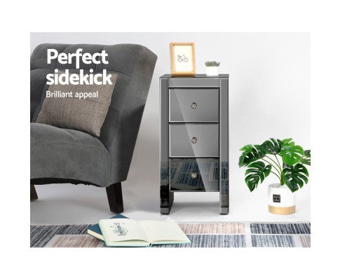 AVANT 3 DRAWER SKINNY MIRRORED BEDSIDE TABLE - SILVER CLEAR OR SMOKEY GREY