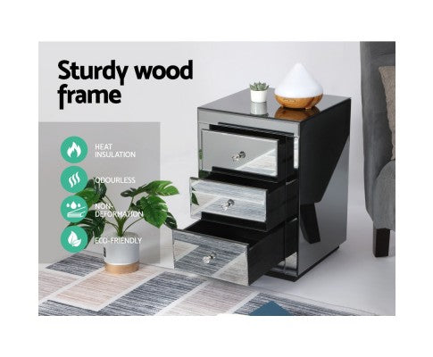 DEVIONA  3  DRAWER MIRRORED BEDSIDE TABLE - GREY