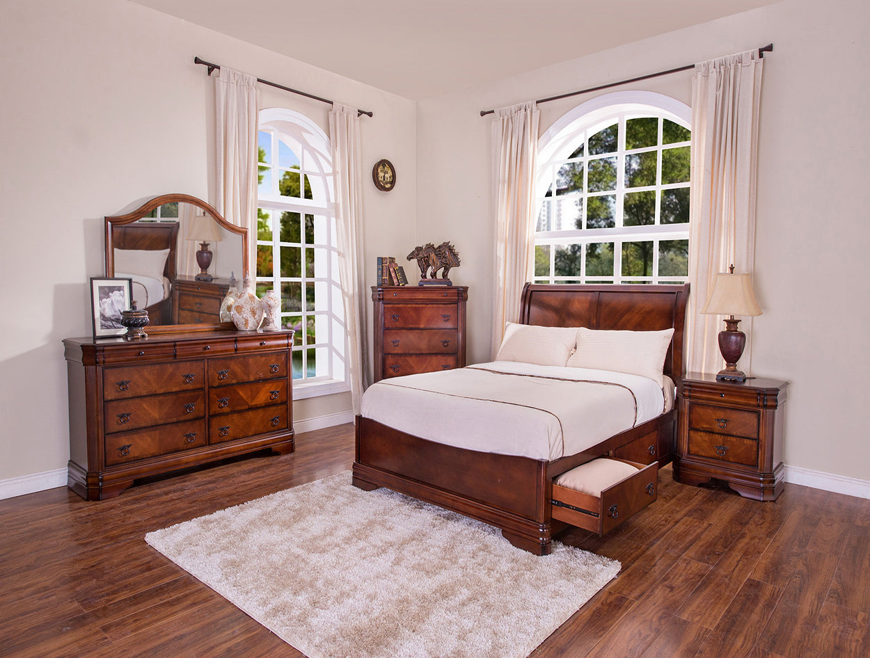 KING WATERFORD TIMBER BED WITH UNDERBED STORAGE - BURNISHED CHERRY