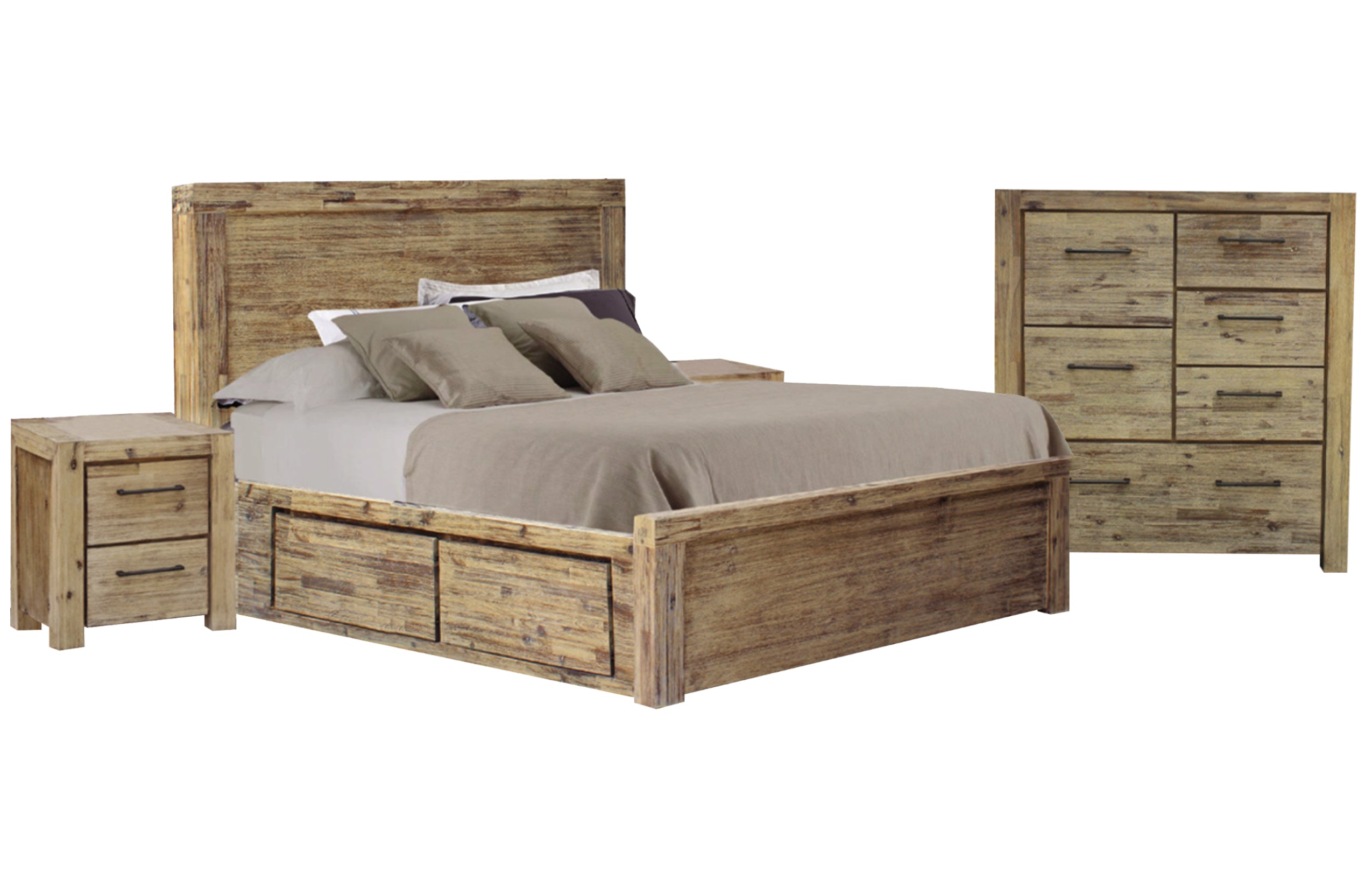 KING WINSLOW ACACIA BED WITH 4 DRAWERS - AS PICTURED