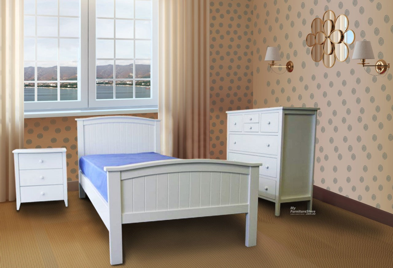 STELLA PANEL SINGLE OR KING SINGLE 3 PIECE BEDROOM SUITE WITH SOLID PANEL BEDHEAD - NOW WITH 5 DRAWER TALLBOY CHEST (NOT 7) - WHITE