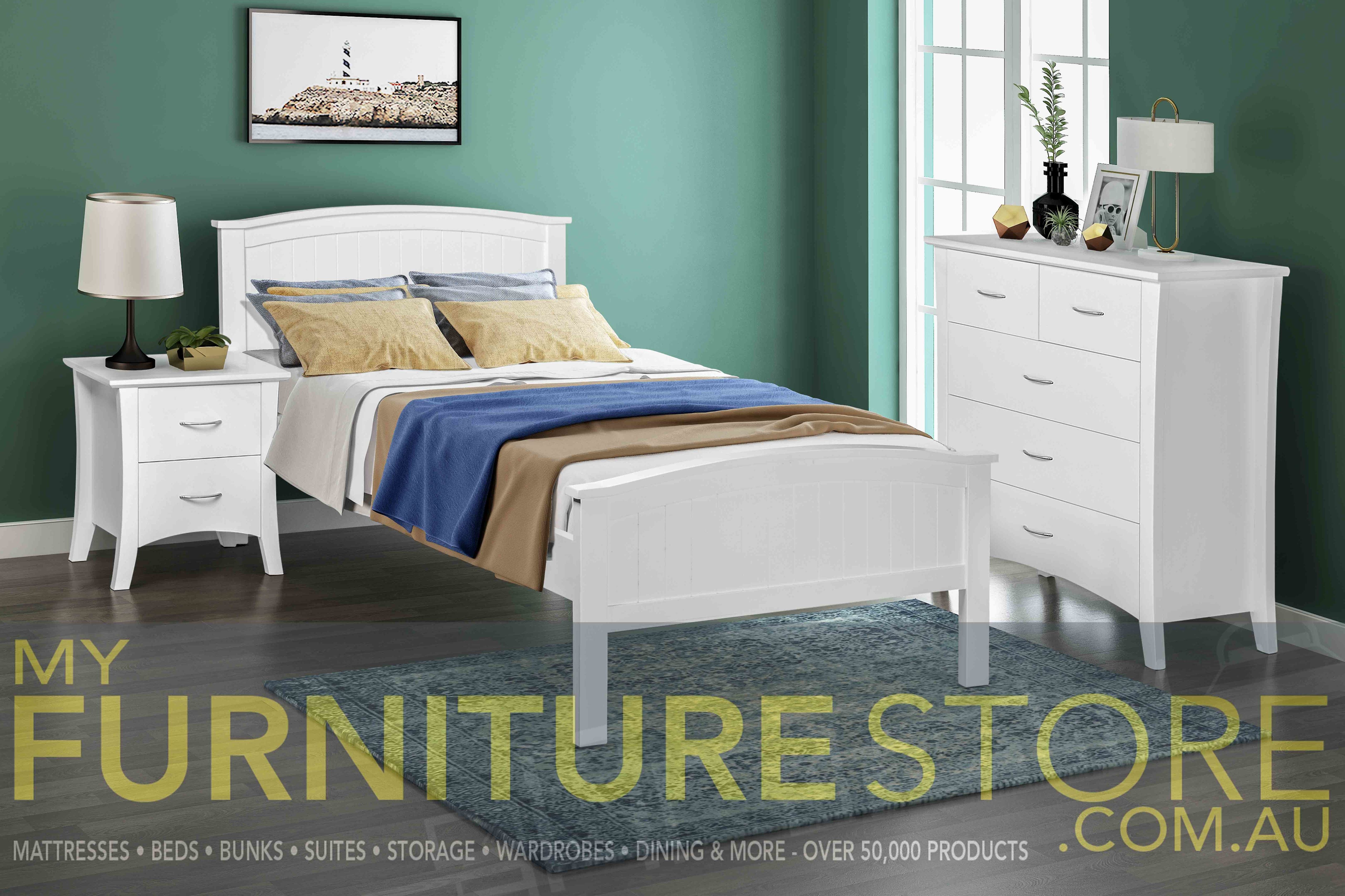 STELLA PANEL SINGLE OR KING SINGLE 3 PIECE BEDROOM SUITE WITH SAVANNAH CASE GOODS - WHITE