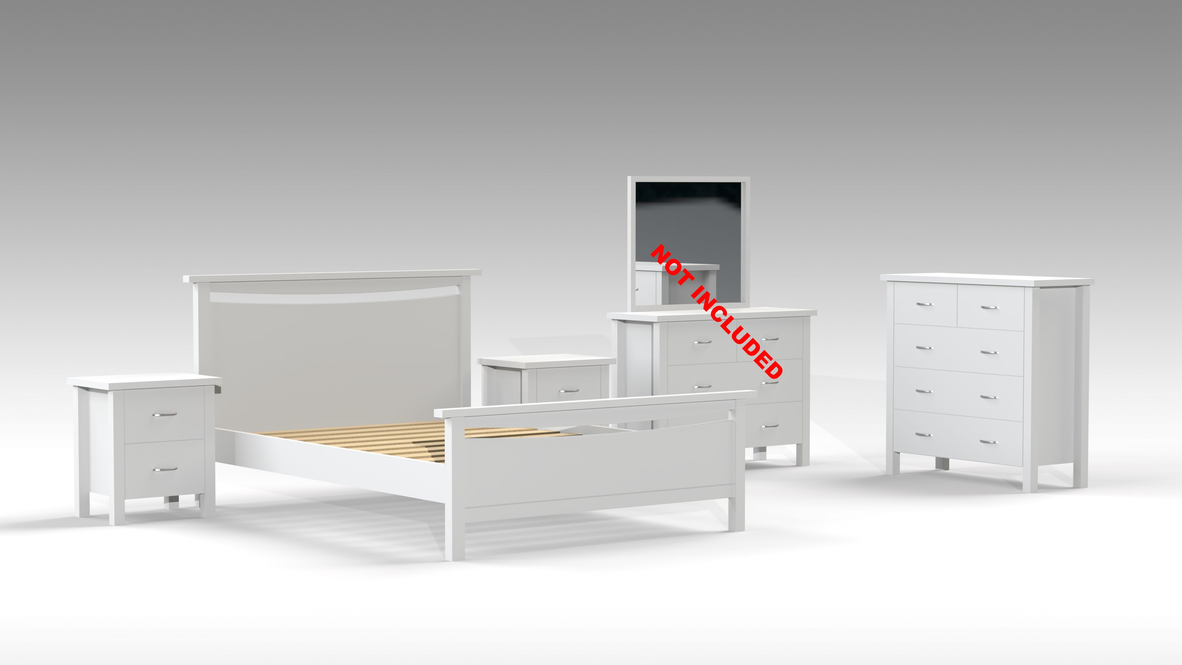 DOUBLE OR QUEEN ALODIA (AUSSIE MADE) 4 PIECE (TALLBOY) BEDROOM SUITE - ASSORTED COLOURS