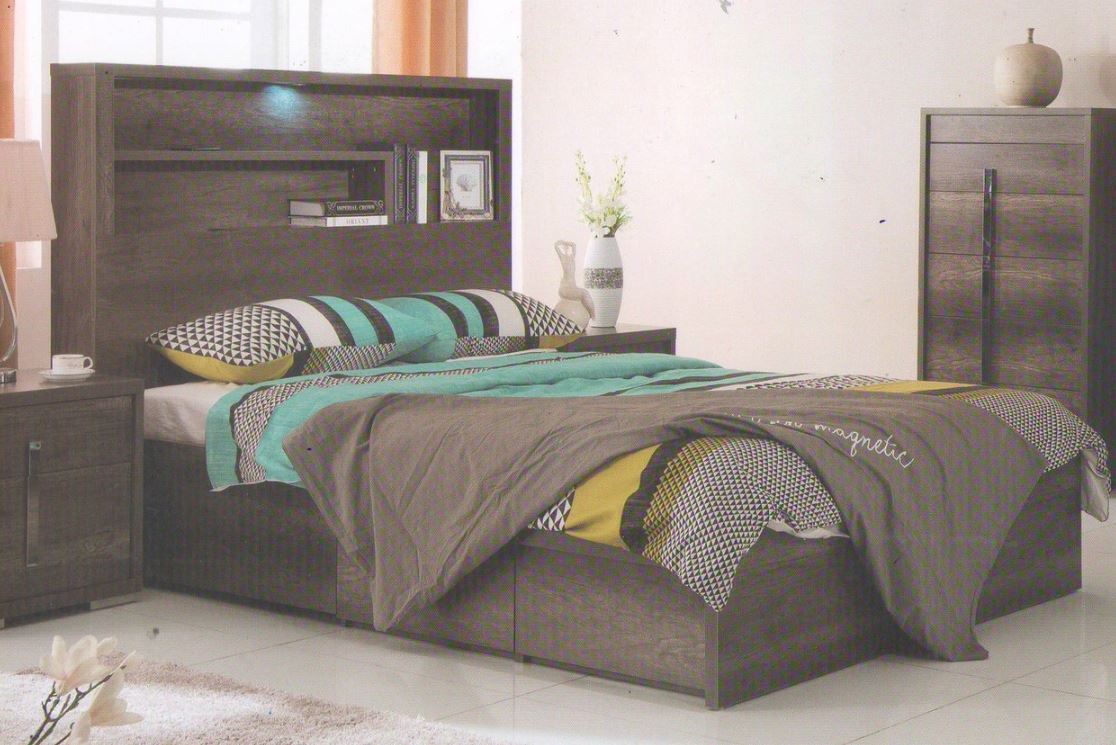 QUEEN JESUIT STORAGE BED WITH BOOKCASE BEDHEAD - (MODEL:12-9-2-18-1-18-25) - CHARCOAL OAK