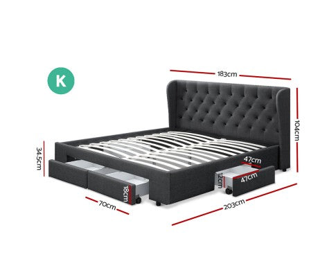 KING MILA FABRIC BED FRAME WITH 4 STORAGE DRAWERS -  CHARCOAL