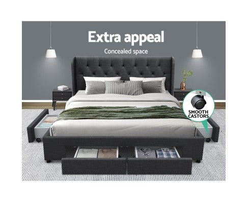  QUEEN MILA  FABRIC BED FRAME WITH 4 STORAGE DRAWERS - (BFRAME-F-MILA-Q-CHA-ABC)-  CHARCOAL