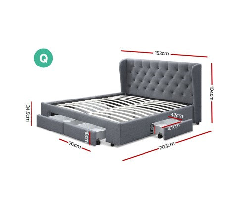 QUEEN MILA FABRIC BED FRAME WITH 4 STORAGE DRAWERS - (BFRAME-F-MILA-Q-GY-ABC) - MEDIUM GREY 