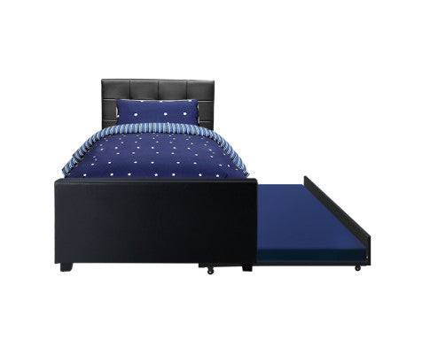 KING SINGLE SIDRA LEATHERETTE BED FRAME WITH SINGLE TRUNDLE - BLACK