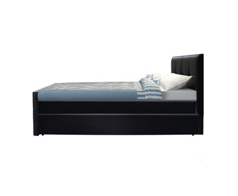 KING SINGLE SIDRA LEATHERETTE BED FRAME WITH SINGLE TRUNDLE - BLACK