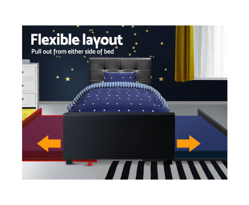 KING SINGLE SIDRA LEATHERETTE BED FRAME WITH SINGLE TRUNDLE - BLACK