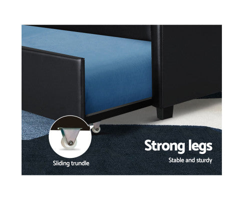 KING SINGLE SIDRA LEATHERETTE BED FRAME WITH SINGLE TRUNDLE - BLACK