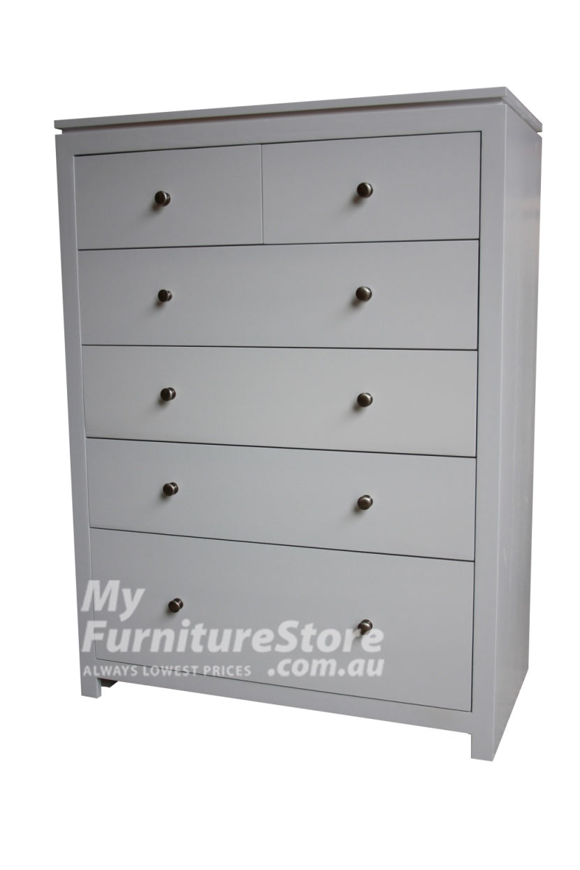 CELINE (AUSSIE MADE) 6 DRAWER TALLBOY WITH HANDLES - 1300(H) X 900(W) - ASSORTED COLOURS (PICTURED IN WHITE)