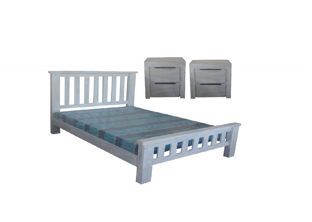 MONTEGO BAY   DOUBLE  OR QUEEN 3 PIECE BEDSIDE BEDROOM SUITE    - WHITEWASH