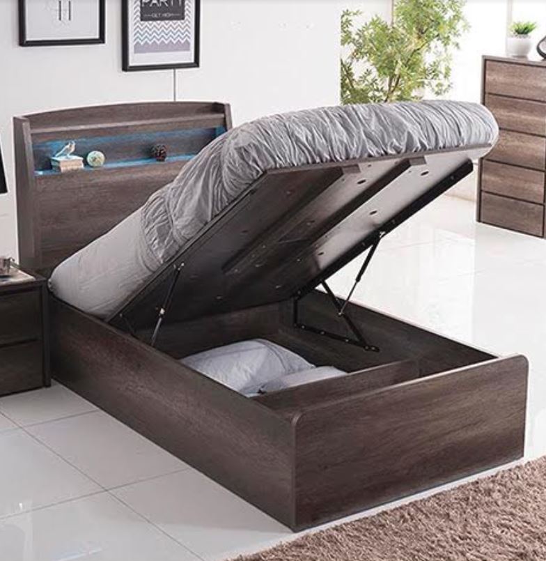 KING SINGLE KESWICK FRONT GAS LIFT STORAGE BED WITH LED LIGHT - CHARCOAL OAK
