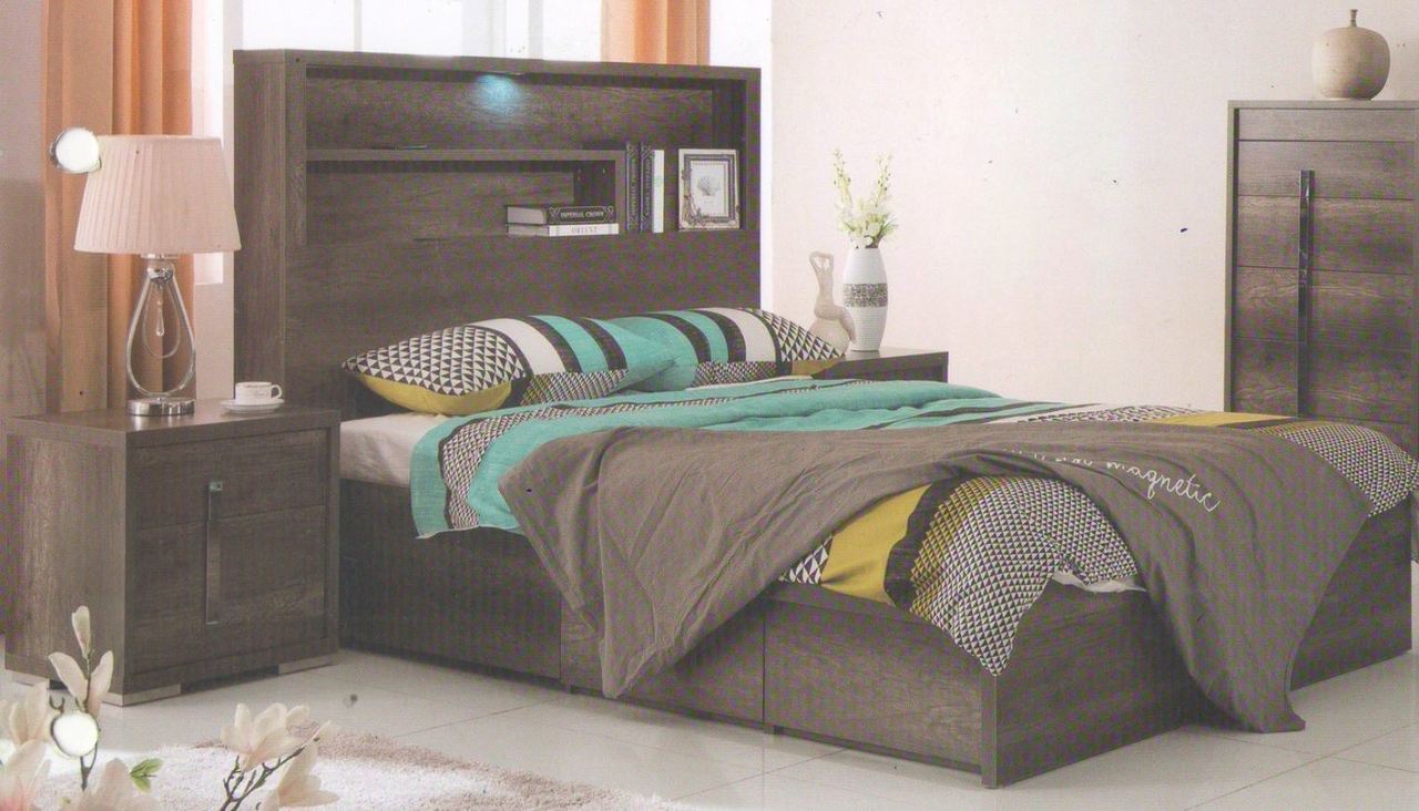   KING  JESUIT  BED WITH  BOOKCASE BEDHEAD - (MODEL:12-9-2-18-1-18-25)  - CHARCOAL 