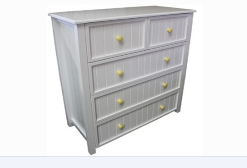GEORGE TALLBOY WITH 5 DRAWERS AND STANDARD WOODEN KNOBS 1070(H) x 1000(W) (NOT AS PICTURED) - PRICED IN ASSORTED COLOURS (VIC ASH AND PINE OPTIONS ALSO AVAILABLE - PRICE ON APPLICATION) - CUSTOMISATION AVAILABLE