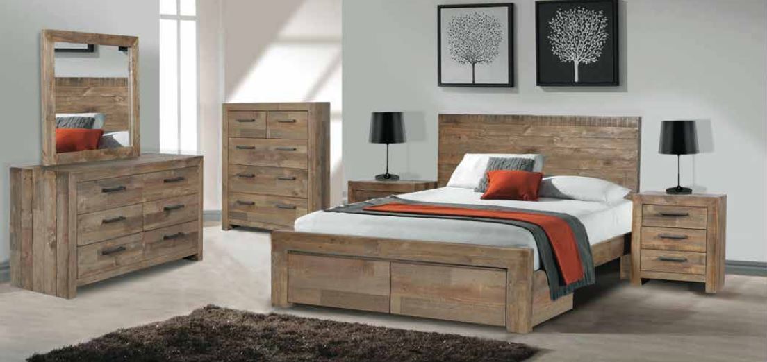 ASTORIA QUEEN 6 PIECE (THE LOT) BEDROOM SUITE - BED WITH 2 DRAWERS - AGED PIER 