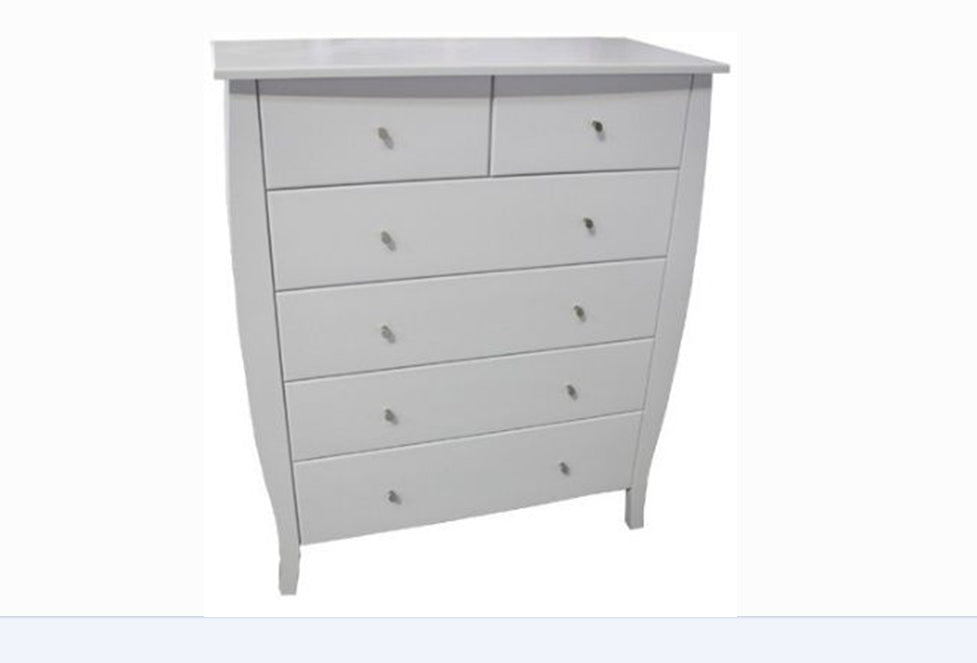SLEIGH TALLBOY WITH 6 DRAWERS AND STANDARD WOODEN KNOBS PRICED IN ASSORTED COLOURS (VIC ASH AND PINE OPTIONS ALSO AVAILABLE 1220(H) x 1020(W) - PRICE ON APPLICATION) - CUSTOMIZATION AVAILABLE