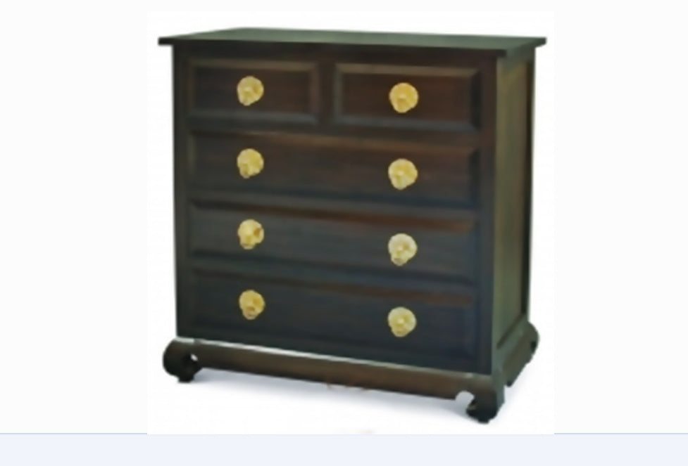 SHANGHAI 5 DRAWER TALLBOY WITH CHUNKY LEG & RING HANDLES (TB 006 OL RH ) - 1200(H) * 1100(W)  - MAHOGANY OR CHOCOLATE