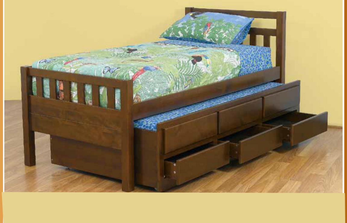 KING SINGLE JAHED CAPTAINS BED (11-18-21-26) WITH 3 STORAGE DRAWERS AND KING SINGLE TRUNDLE - WALNUT