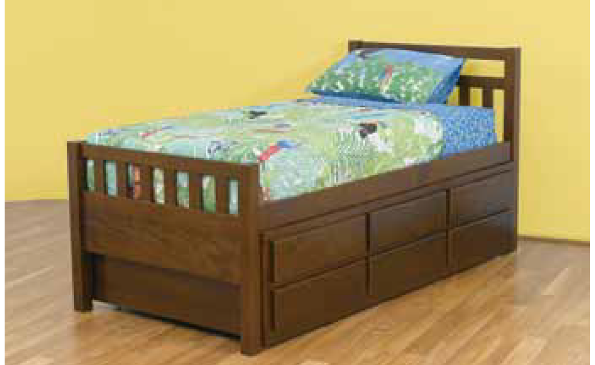 KING SINGLE JAHED CAPTAINS BED (11-18-21-26) WITH 3 STORAGE DRAWERS AND KING SINGLE TRUNDLE - WALNUT