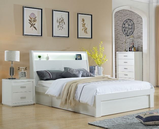 DOUBLE CHICAGO SIDE GAS LIFT (REVERSIBLE) BED WITH BED END DRAWER (LS-120-D) - HIGH GLOSS WHITE