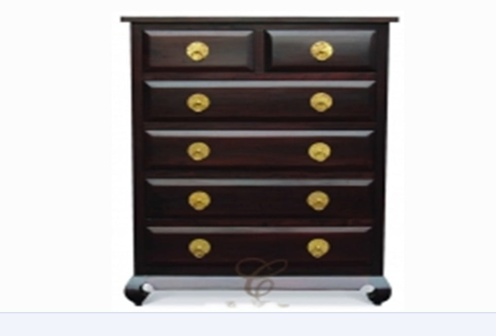  SHANGHAI  6 DRAWER TALLBOY WITH CHUNKY LEG & RING HANDLES (TB 006 OL RH ) -1470(H) X 1100(W) -  MAHOGANY OR CHOCOLATE
