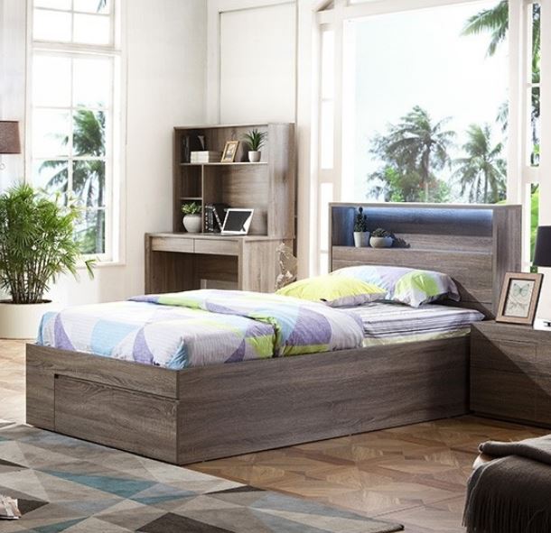 KING SINGLE EMERTON  (MODEL 4-5-12-20-1) - BED WITH SIDE OPEN GAS LIFT (MODEL:LS-081S) - MOCHA OAK