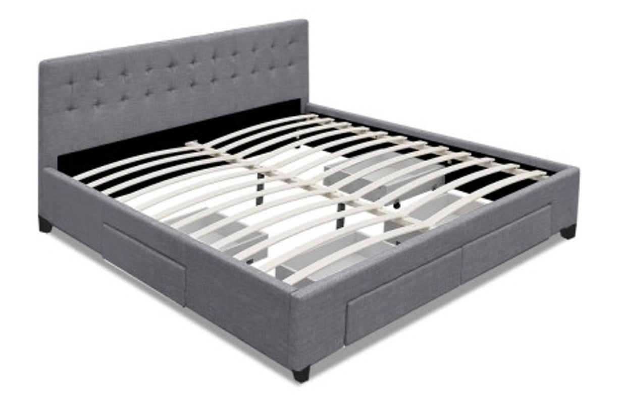 KING  DEVION  FABRIC BED FRAME WITH 4 STORAGE DRAWERS & TUFTED HEADBOARD -  GREY