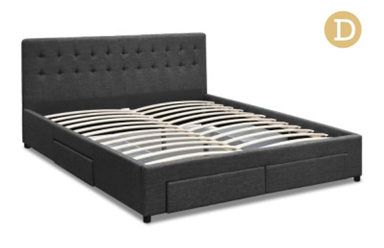 DOUBLE DEVION  FABRIC BED FRAME WITH 4 STORAGE DRAWERS & TUFTED HEADBOARD - CHARCOAL